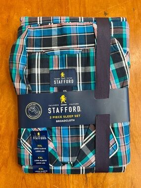 NWT Stafford Men’s 2pc. Sleep Set Broadcloth Pajamas. Navy Blue Large Plaid XXL